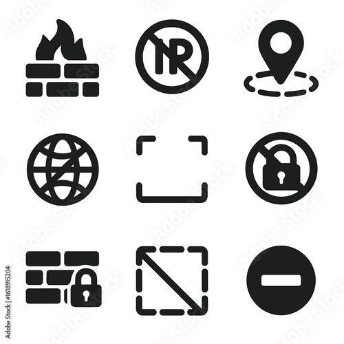 Digital Security Icons. Solid, filled icons set of digital and conceptual borders: firewall icon, IP block