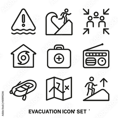 Disaster Evacuation Icons. Outline icon set of natural disaster evacuation: flood warning icon, tsunami evacuation route sign,