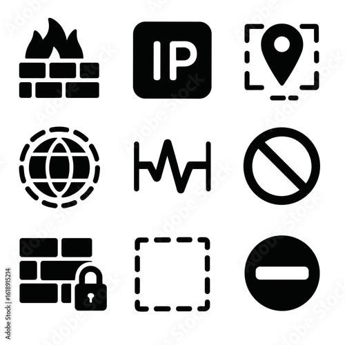 Digital Security Icons. Solid, filled icons set of digital and conceptual borders: firewall icon, IP block