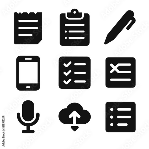 Digital vs Paper Lists. Solid, filled icons set of paper vs digital lists: torn notepad, clipboard, pen icon,