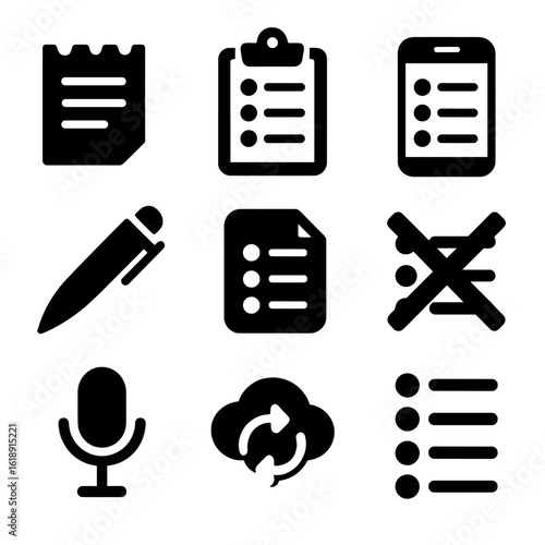 Digital vs Paper Lists. Solid, filled icons set of paper vs digital lists: torn notepad, clipboard, pen icon,