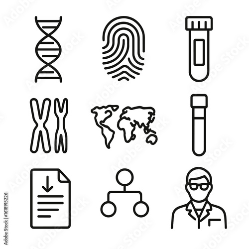 DNA Testing Icons. Outline icon set of DNA ancestry testing: DNA helix, genetic fingerprint, test kit vial, lab technician,