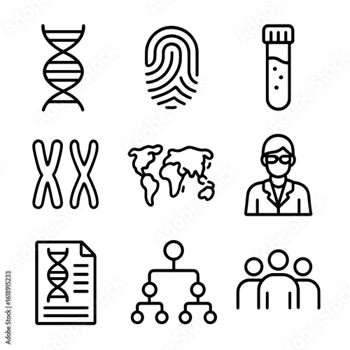 DNA Testing Icons. Outline icon set of DNA ancestry testing: DNA helix, genetic fingerprint, test kit vial, lab technician,
