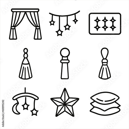 Dreamy Bedroom Icons. Outline icon set of dreamy bedroom canopy: sheer drapery, twinkling fairy lights, tufted headboard,