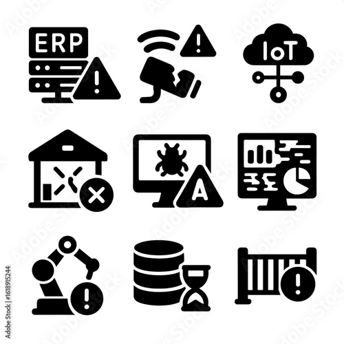 Disrupted Tech Icons Grid. Solid, filled icons set of technology and automation in disrupted chains: ERP