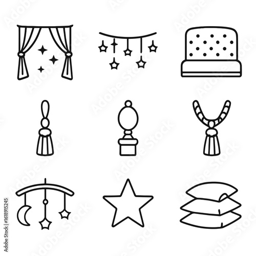 Dreamy Bedroom Icons. Outline icon set of dreamy bedroom canopy: sheer drapery, twinkling fairy lights, tufted headboard,