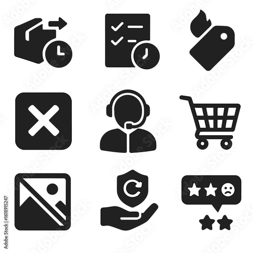 Disruption Effects Icons. Solid, filled icons set of consumer-facing effects of disruption: delayed delivery
