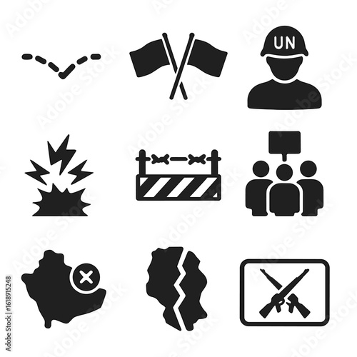 Disputed Territories Icons. Solid, filled icons set of disputed territories and demarcations: broken boundary
