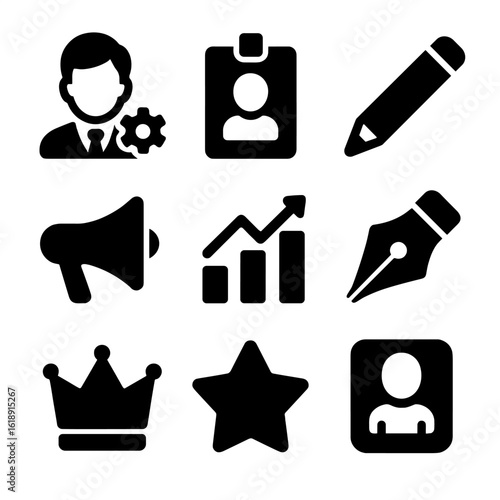 Diverse Startup Team Icons. Solid, filled icons set of diverse startup team roles: product manager icon,