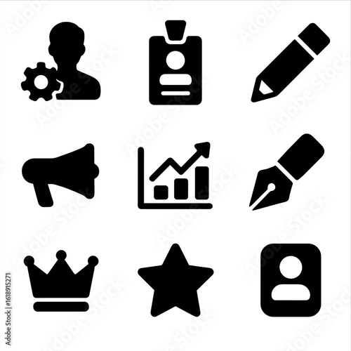 Diverse Startup Team Icons. Solid, filled icons set of diverse startup team roles: product manager icon,