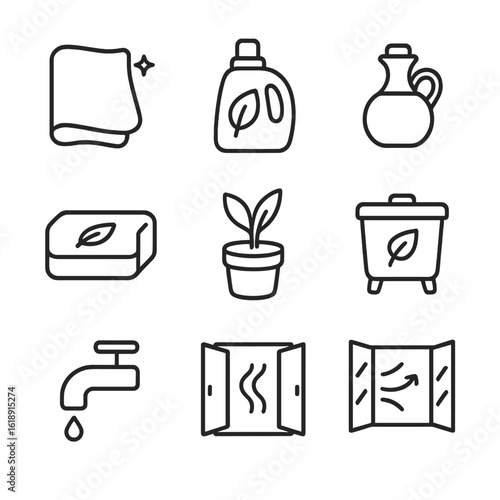 Eco Cleaning Icons. Outline icon set of eco-friendly cleaning: reusable cloth, natural detergent bottle, vinegar jar, baking soda