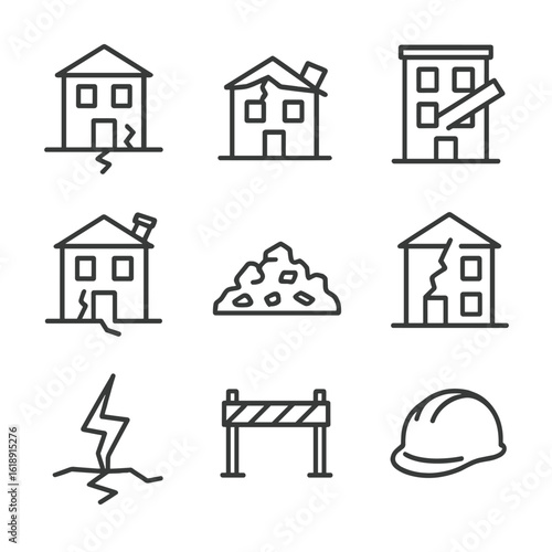 Earthquake Damage Icons. Outline icon set of earthquake-damaged buildings: cracked foundation, collapsed roof, fallen beam, broken
