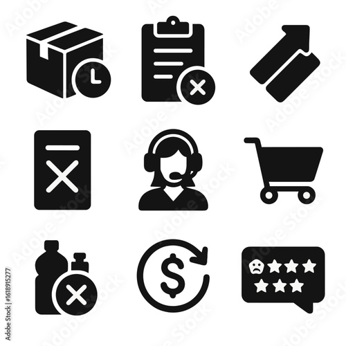 Disruption Effects Icons. Solid, filled icons set of consumer-facing effects of disruption: delayed delivery