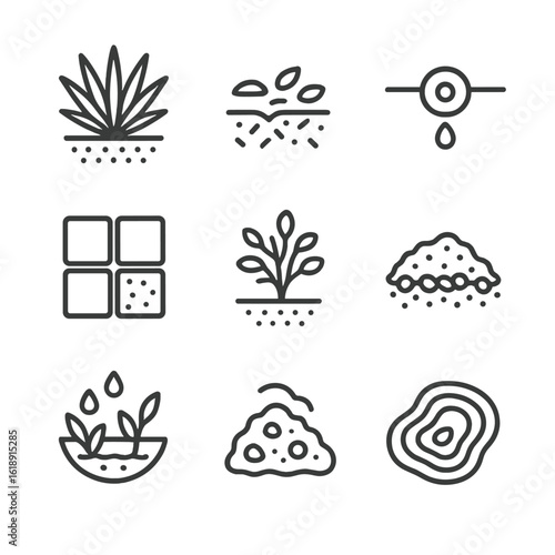 Drought-Resistant Icon Set. Outline icon set of drought-resistant landscaping: xeriscape plant, mulch layer, drip irrigation