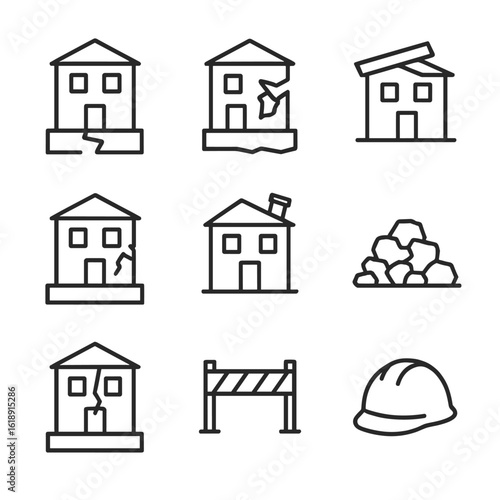 Earthquake Damage Icons. Outline icon set of earthquake-damaged buildings: cracked foundation, collapsed roof, fallen beam, broken