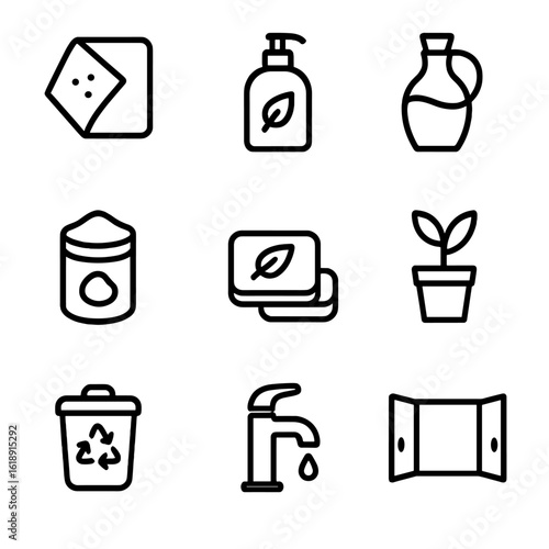 Eco Cleaning Icons. Outline icon set of eco-friendly cleaning: reusable cloth, natural detergent bottle, vinegar jar, baking soda