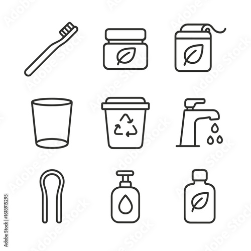 Eco Oral Hygiene Icons. Outline icon set of eco-friendly oral hygiene: bamboo toothbrush, natural toothpaste jar, reusable floss