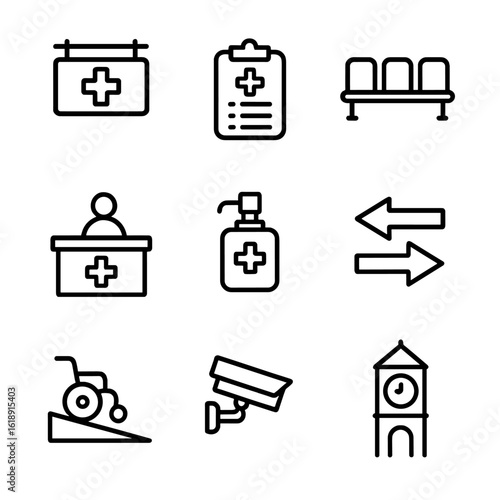 Emergency Icons Set. Outline icon set of hospital emergency area: emergency signboard, triage clipboard, waiting chairs, reception