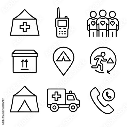 Emergency Preparedness Icons. Outline icon set of community emergency preparedness: first aid tent, emergency communication radio,