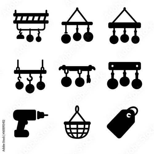 DIY Pot Rack Icons. Solid, filled icons set of DIY hanging pot rack ideas: repurposed ladder, rope suspension,