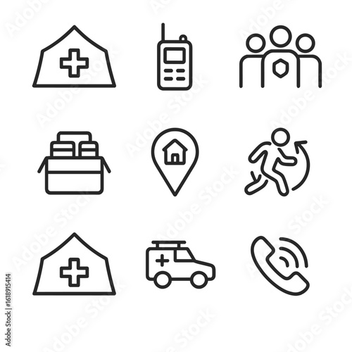 Emergency Preparedness Icons. Outline icon set of community emergency preparedness: first aid tent, emergency communication radio,