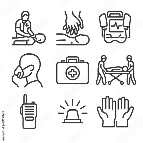 Emergency Icons Set. Outline icon set of emergency medical team actions: paramedic checking vitals, CPR hands, defibrillator
