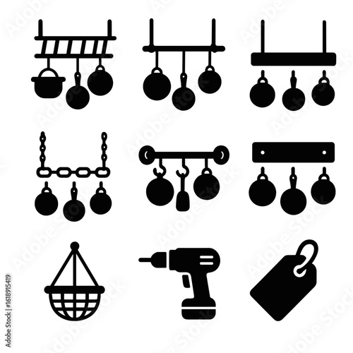 DIY Pot Rack Icons. Solid, filled icons set of DIY hanging pot rack ideas: repurposed ladder, rope suspension,