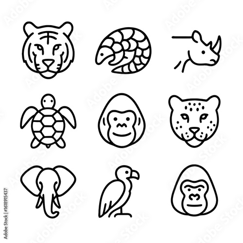 Endangered Species Icons. Outline icon set of endangered species protection: tiger head silhouette, pangolin, rhinoceros, sea