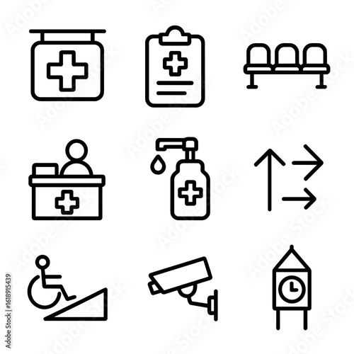 Emergency Icons Set. Outline icon set of hospital emergency area: emergency signboard, triage clipboard, waiting chairs, reception