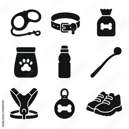 Dog Walking Essentials. Solid, filled icons set of dog walking essentials: leash, collar, poop bag, treat