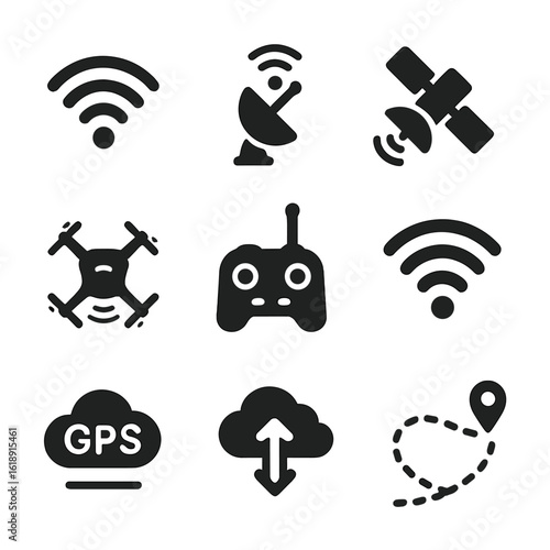 Drone Communication Icons. Solid, filled icons set of drone communication systems: radio signal, antenna,
