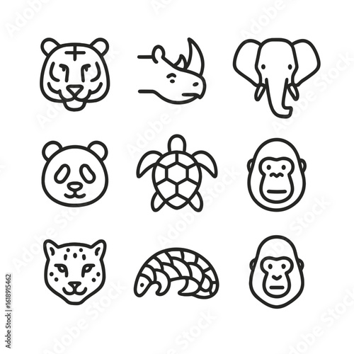 Endangered Wildlife Icons. Outline icon set of endangered wildlife species protection: tiger, rhinoceros, elephant, giant panda,