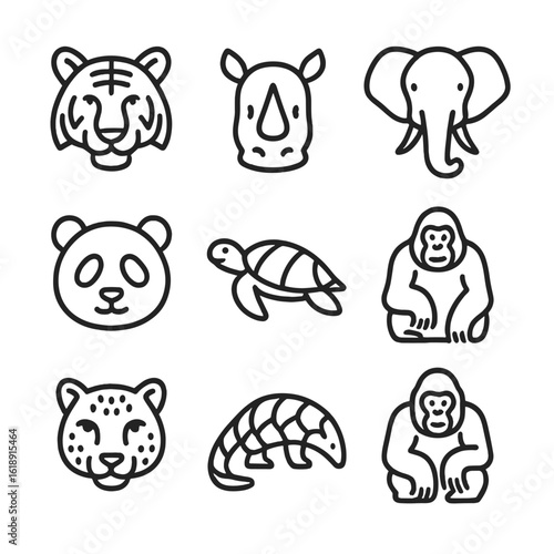 Endangered Wildlife Icons. Outline icon set of endangered wildlife species protection: tiger, rhinoceros, elephant, giant panda,