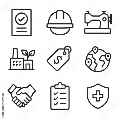 Ethical Production Icons. Outline icon set of ethical production practices: fair trade certificate, worker safety helmet, sewing