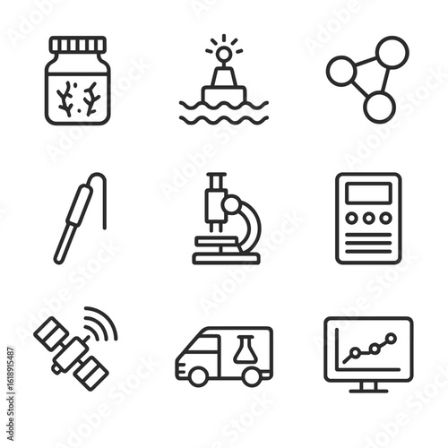 Environmental Monitoring Icons. Outline icon set of environmental bioluminescence monitoring: algae sample jar, water sensor buoy,