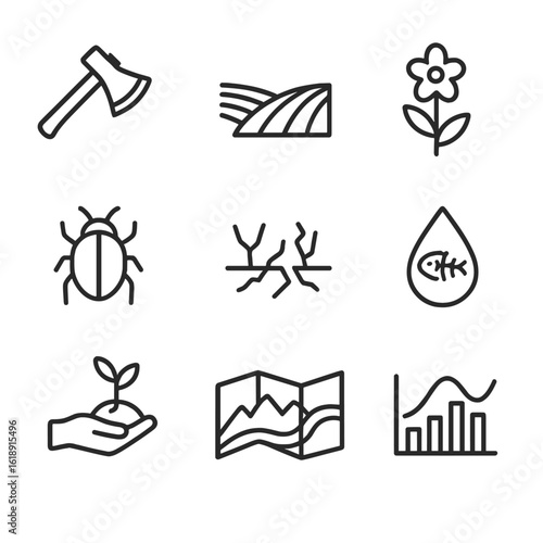 Environmental Icon Set. Outline icon set of environmental impact and land change: deforestation axe, plantation field, native