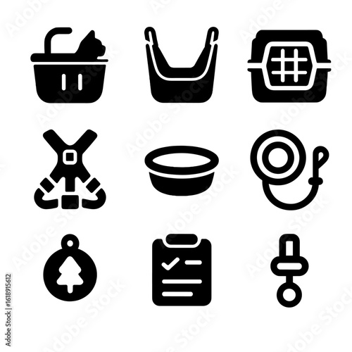 Eco Pet Travel Icons. Solid, filled icons set of low-impact pet travel gear: bike pet carrier, car seat