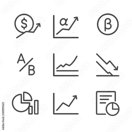 Finance Metrics Icons. Outline icon set of performance metrics: net asset value, ROI, alpha, beta, Sharpe ratio, drawdown, expense