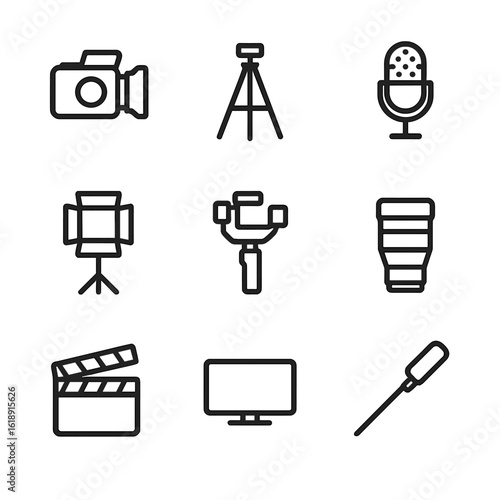 Filming Equipment Icons. Outline icon set of filming equipment: camera, tripod, microphone, lighting kit, gimbal, lens,