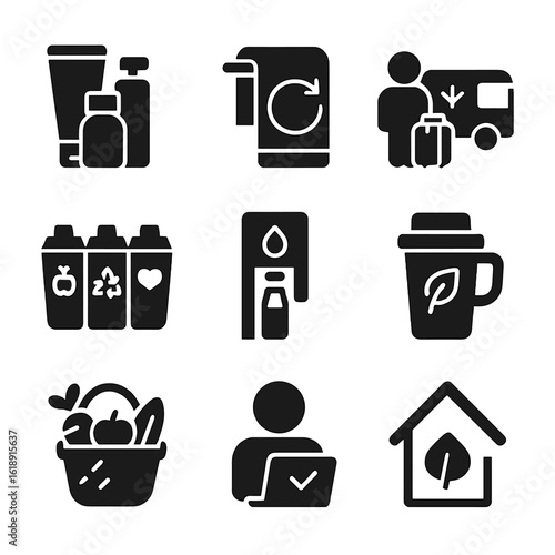 Eco Travel Habits Icons. Solid, filled icons set of eco-friendly travel habits at accommodations: