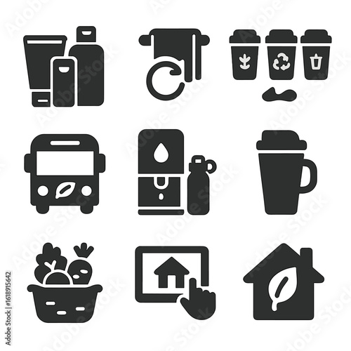 Eco Travel Icons. Solid, filled icons set of eco-friendly travel habits at accommodations: bring-your-own