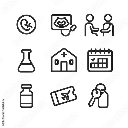 Fertility Treatment Icons. Outline icon set of fertility treatment tourism: embryo icon, ultrasound device, doctor consultation,