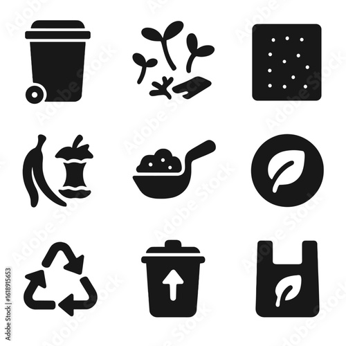 Eco Composting Icons Set. Solid, filled icons set of composting and waste reduction from microgreens: compost
