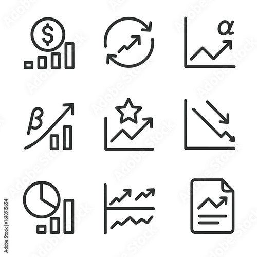 Finance Metrics Icons. Outline icon set of performance metrics: net asset value, ROI, alpha, beta, Sharpe ratio, drawdown, expense