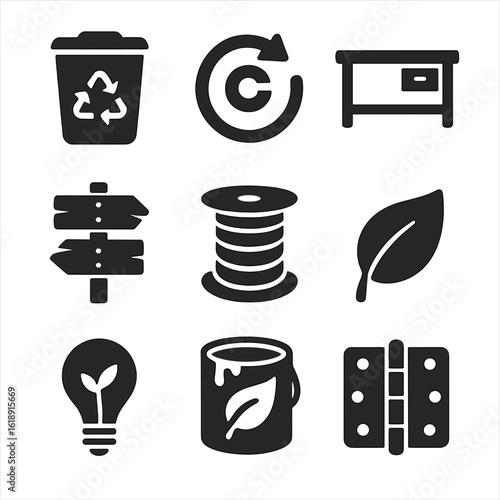 Eco Workshop Icons. Solid, filled icons set of eco-friendly DIY workshop: recycling bin, upcycle arrow icon,