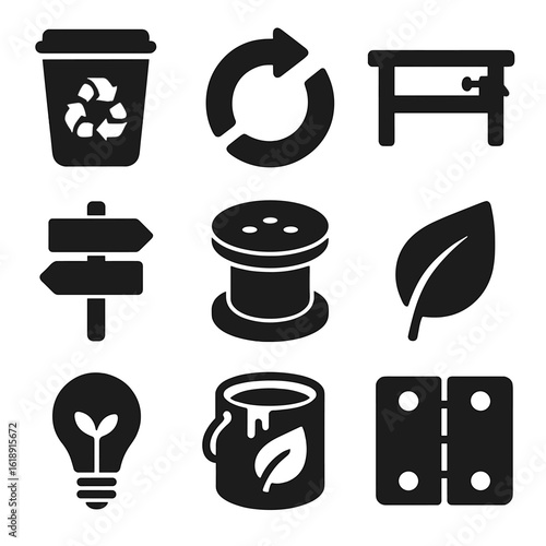 Eco Workshop Icons. Solid, filled icons set of eco-friendly DIY workshop: recycling bin, upcycle arrow icon,