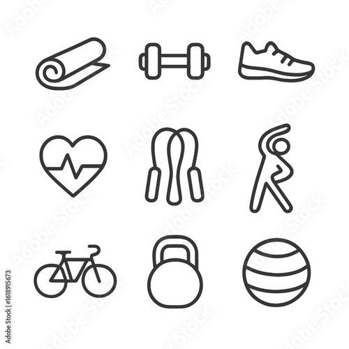 Fitness Icon Set. Outline icon set of physical activity: yoga mat, dumbbell, running shoe, heart rate monitor, jump rope,