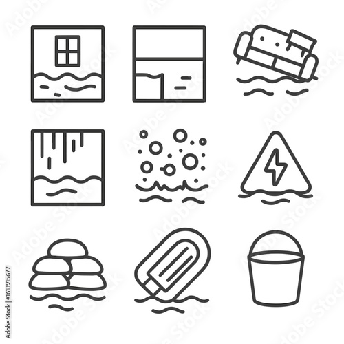 Flood Damage Icon Set. Outline icon set of flood-ruined homes: submerged room, water line mark, floating furniture, soaked wall,