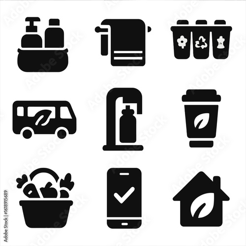 Eco Travel Icons. Solid, filled icons set of eco-friendly travel habits at accommodations: bring-your-own