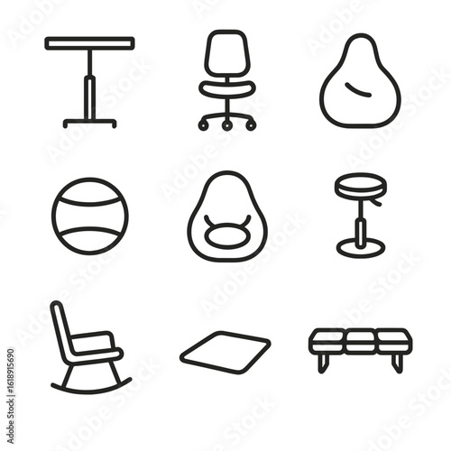 Flexible Seating Icons. Outline icon set of flexible seating options: standing desk, ergonomic chair, bean bag, balance ball,